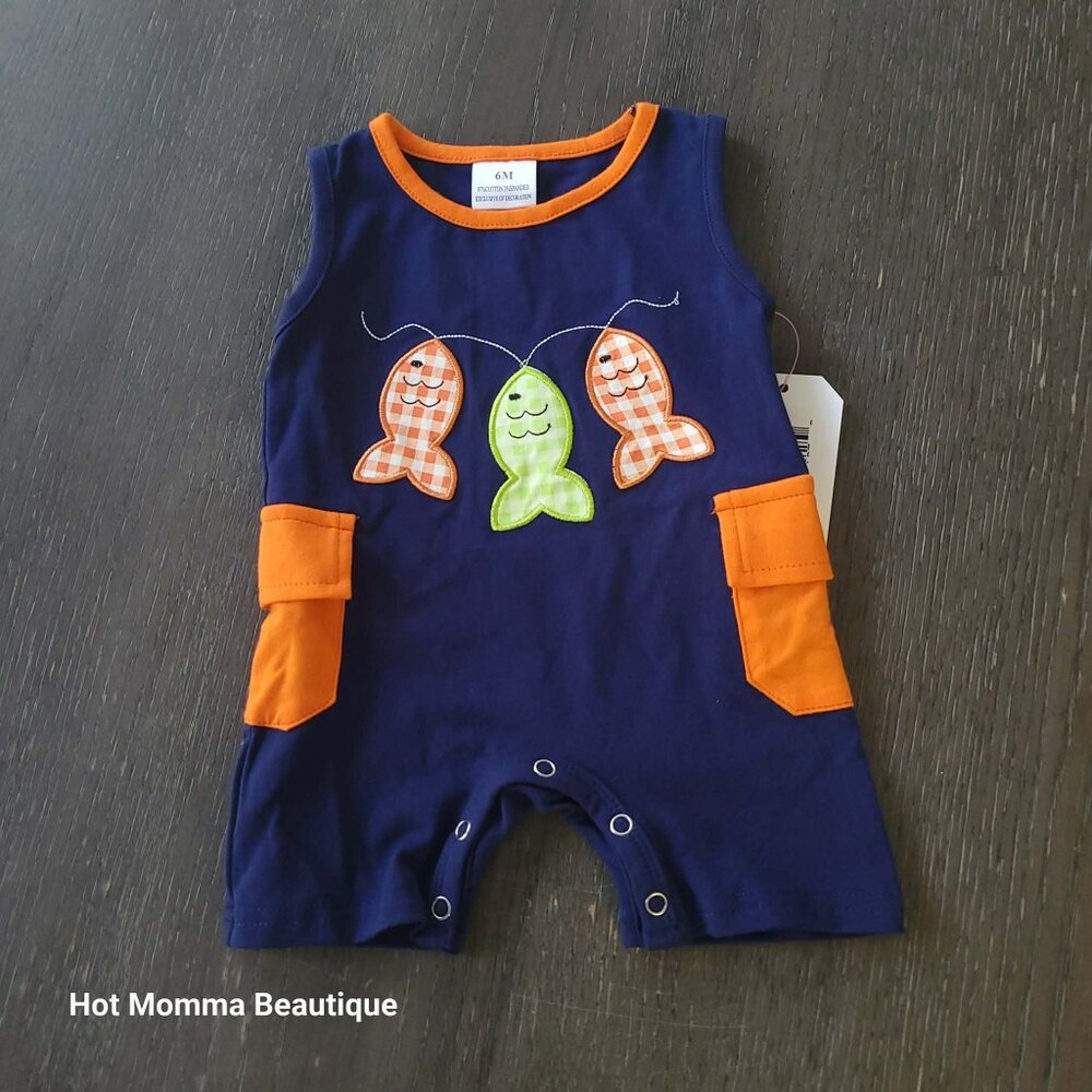 Infant Navy Fish Trio Pocket Romper 6M